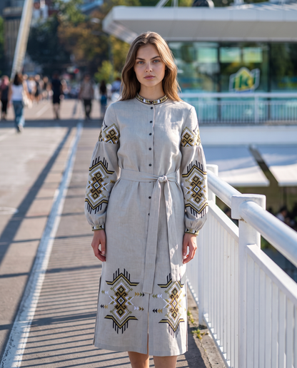 Grey-green embroidered linen vyshyvanka dress with geometric Ukrainian ornament, women's long sleeve, photo 2