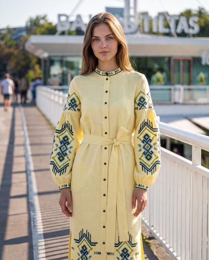 Yellow embroidered linen vyshyvanka dress with geometric Ukrainian ornament, women's long sleeve, photo 2