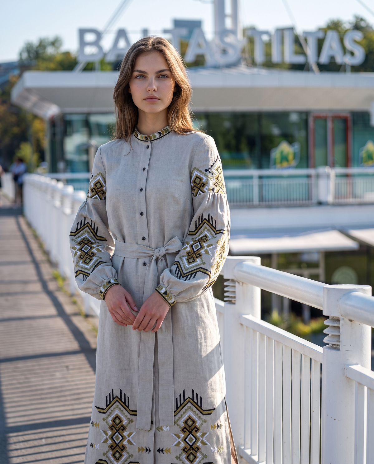 Grey-green embroidered linen vyshyvanka dress with geometric Ukrainian ornament, women's long sleeve