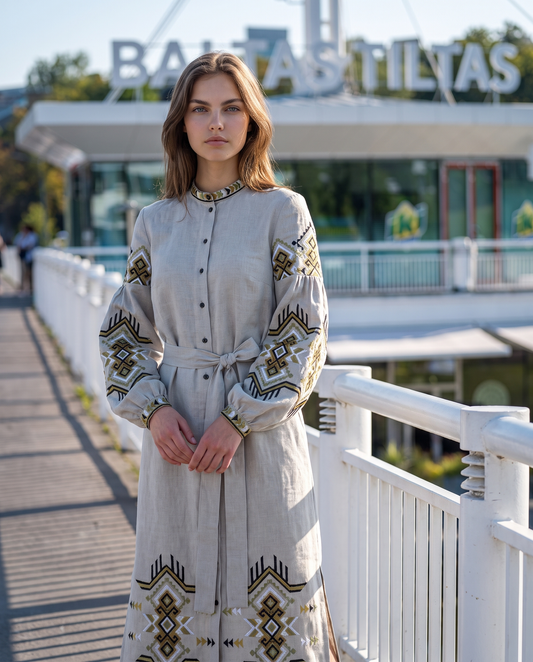 Grey-green embroidered linen vyshyvanka dress with geometric Ukrainian ornament, women's long sleeve