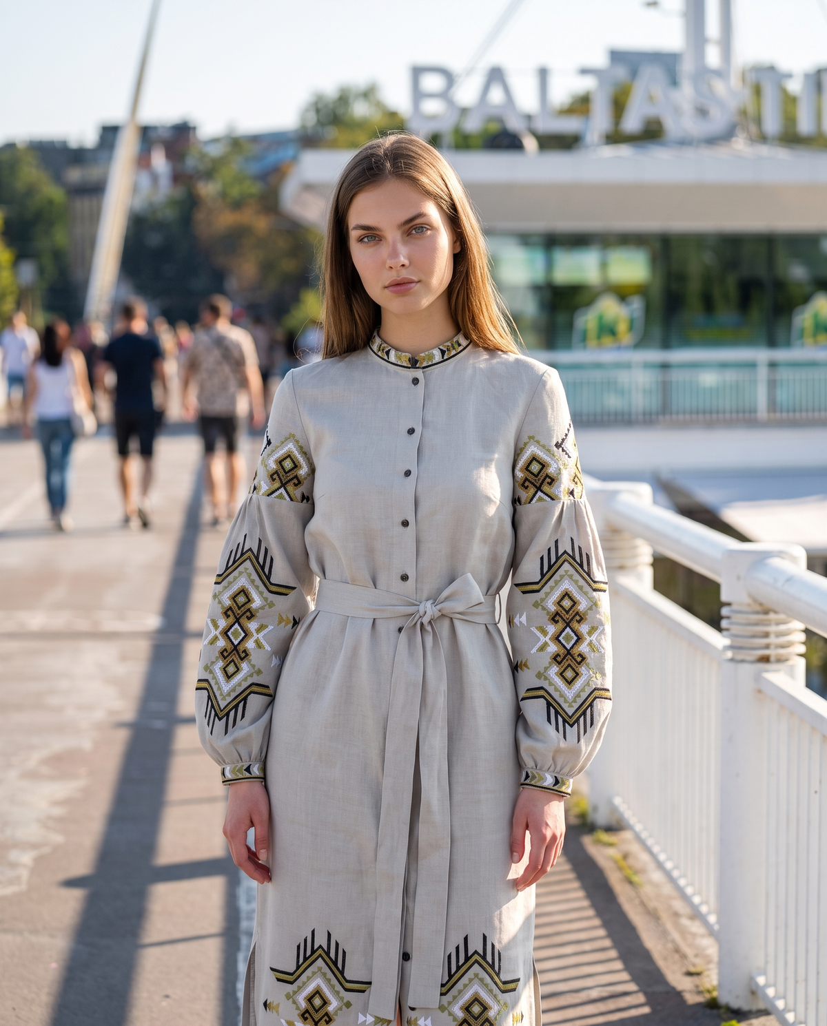 Grey-green embroidered linen vyshyvanka dress with geometric Ukrainian ornament, women's long sleeve, photo 3