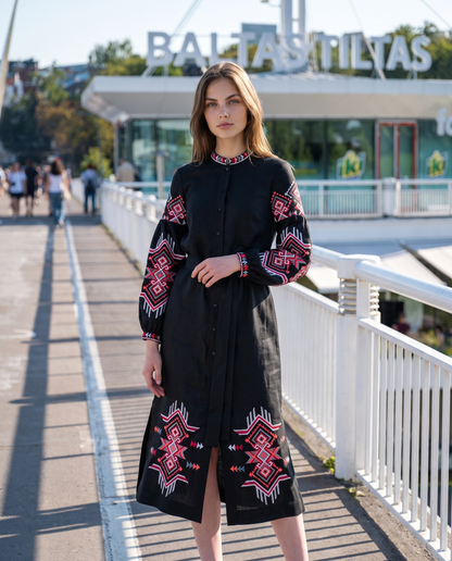 Black embroidered linen vyshyvanka dress with geometric Ukrainian ornament, women's long sleeve