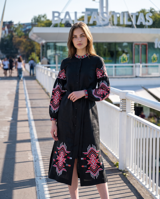 Black embroidered linen vyshyvanka dress with geometric Ukrainian ornament, women's long sleeve