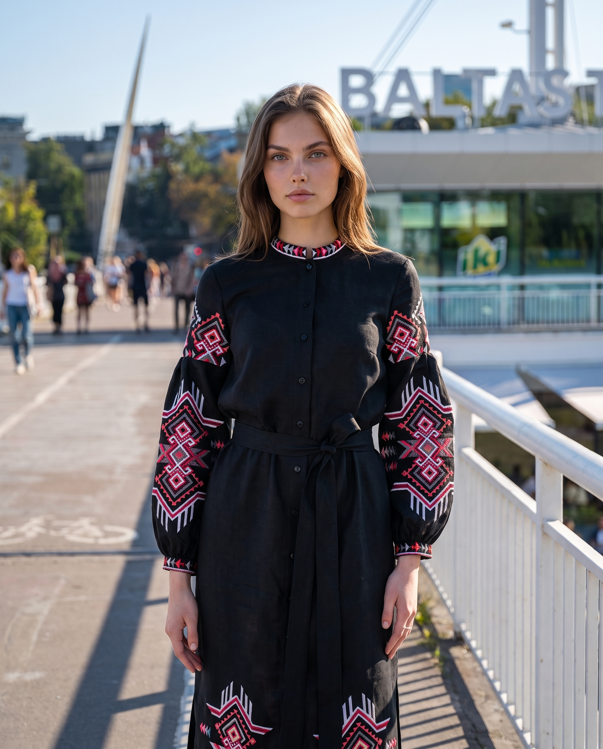 Black embroidered linen vyshyvanka dress with geometric Ukrainian ornament, women's long sleeve, photo 2