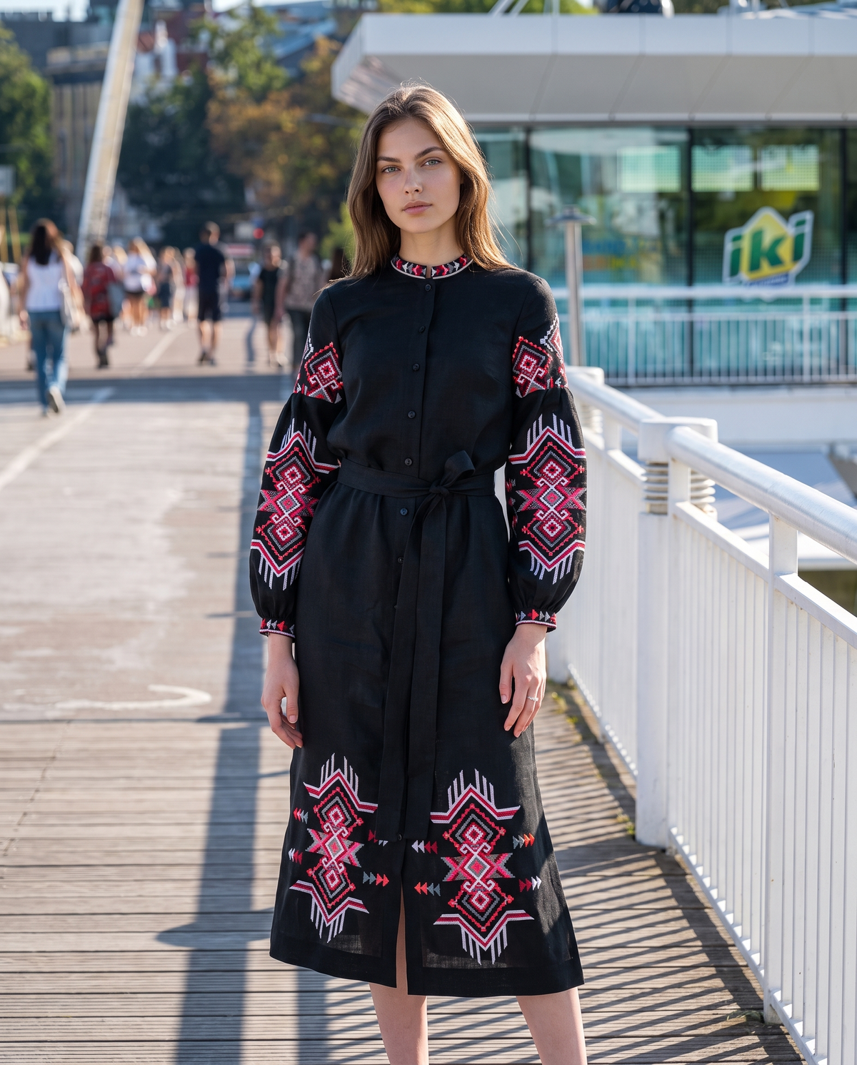 Black embroidered linen vyshyvanka dress with geometric Ukrainian ornament, women's long sleeve, photo 3