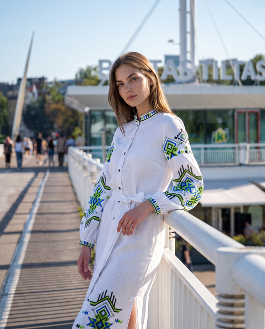 White embroidered linen vyshyvanka dress with geometric Ukrainian ornament, women's long sleeve