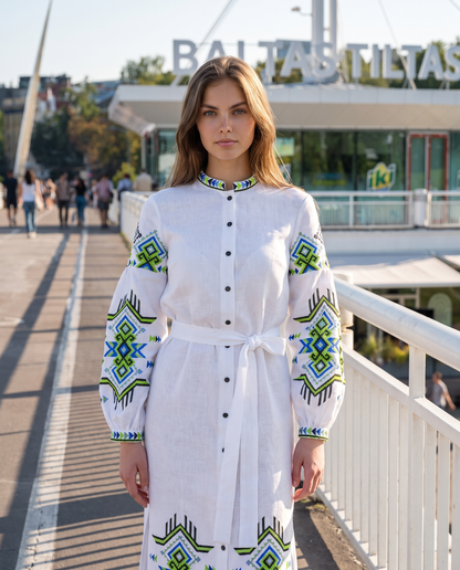 White embroidered linen vyshyvanka dress with geometric Ukrainian ornament, women's long sleeve, photo 3