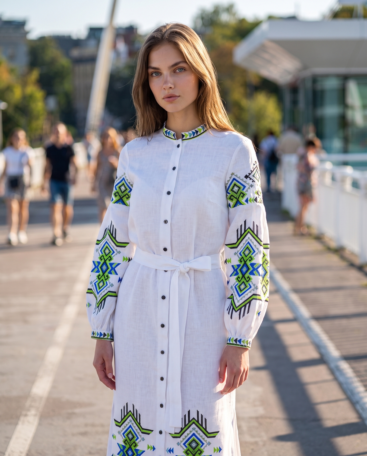 White embroidered linen vyshyvanka dress with geometric Ukrainian ornament, women's long sleeve, photo 2