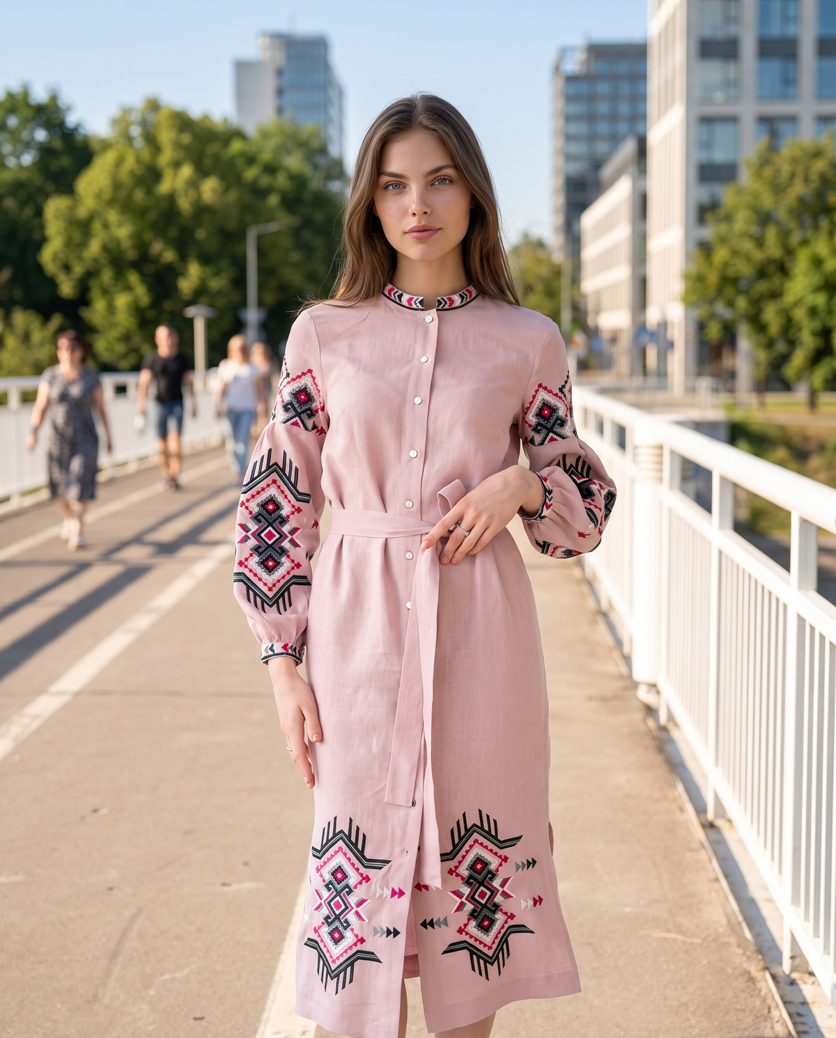 Pink embroidered linen vyshyvanka dress with geometric Ukrainian ornament, women's long sleeve, photo 2