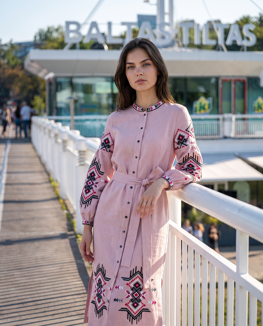 Pink embroidered linen vyshyvanka dress with geometric Ukrainian ornament, women's long sleeve