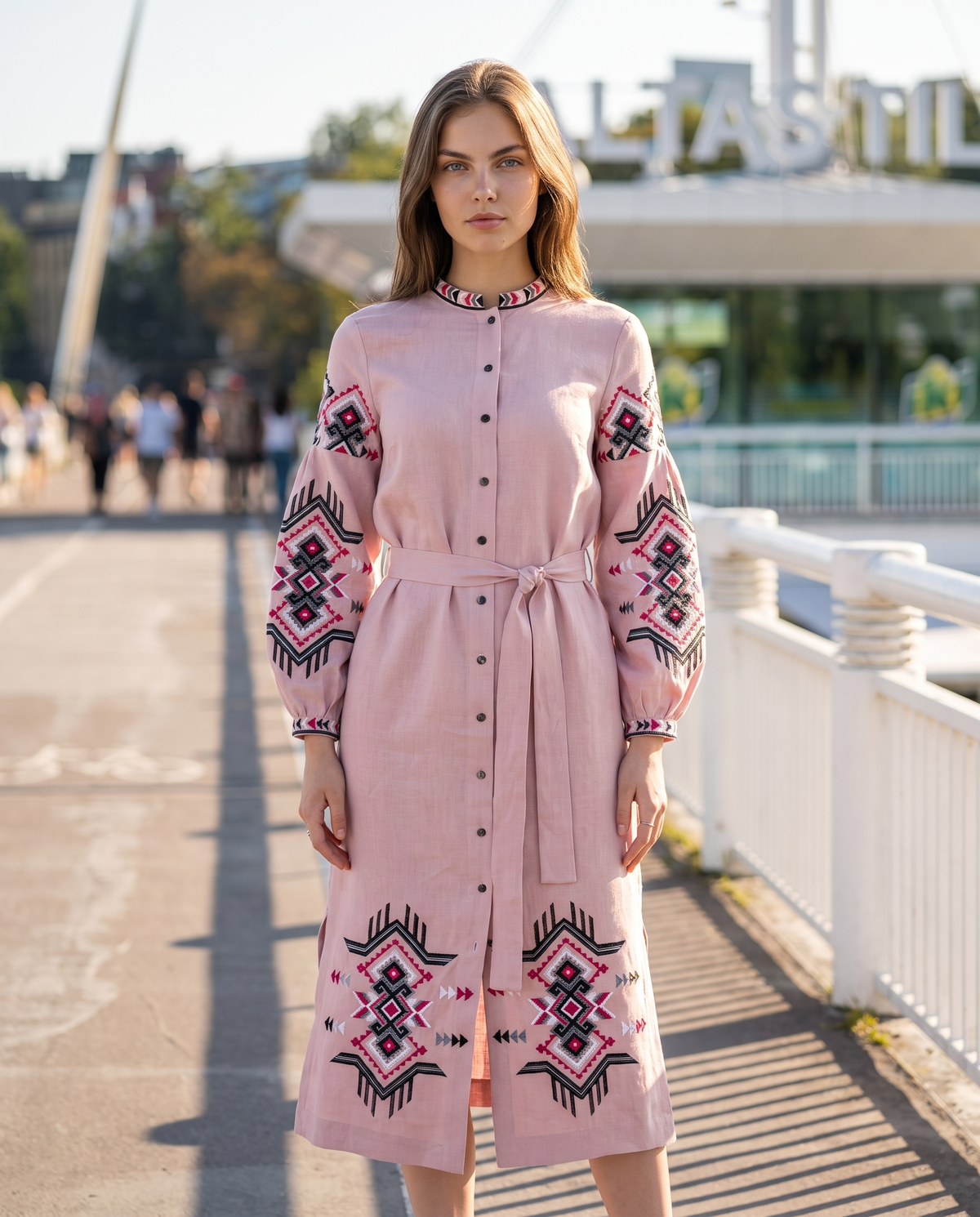Pink embroidered linen vyshyvanka dress with geometric Ukrainian ornament, women's long sleeve, photo 3