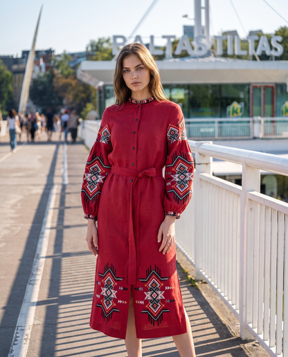 Red embroidered linen vyshyvanka dress with geometric Ukrainian ornament, women's long sleeve, photo 2