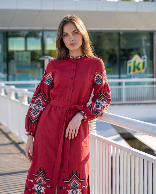Red embroidered linen vyshyvanka dress with geometric Ukrainian ornament, women's long sleeve