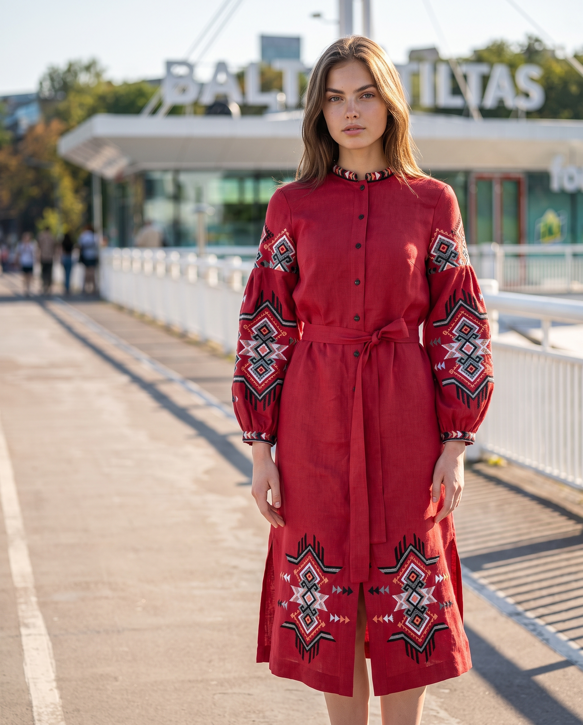 Red embroidered linen vyshyvanka dress with geometric Ukrainian ornament, women's long sleeve, photo 3