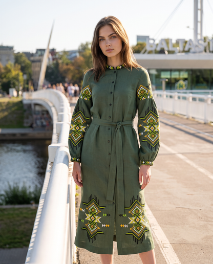 Green embroidered linen vyshyvanka dress with geometric Ukrainian ornament, women's long sleeve, photo 2