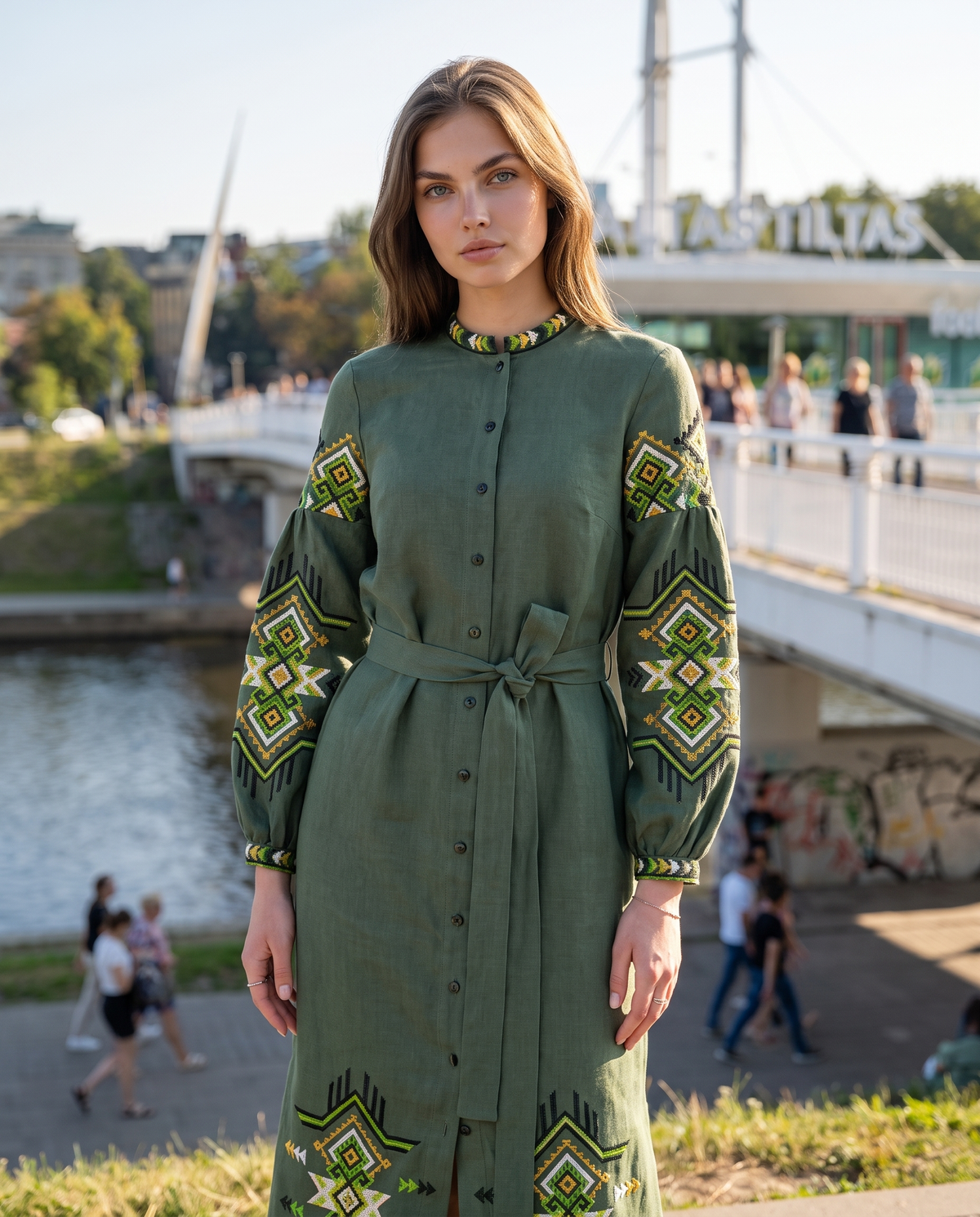 Green embroidered linen vyshyvanka dress with geometric Ukrainian ornament, women's long sleeve
