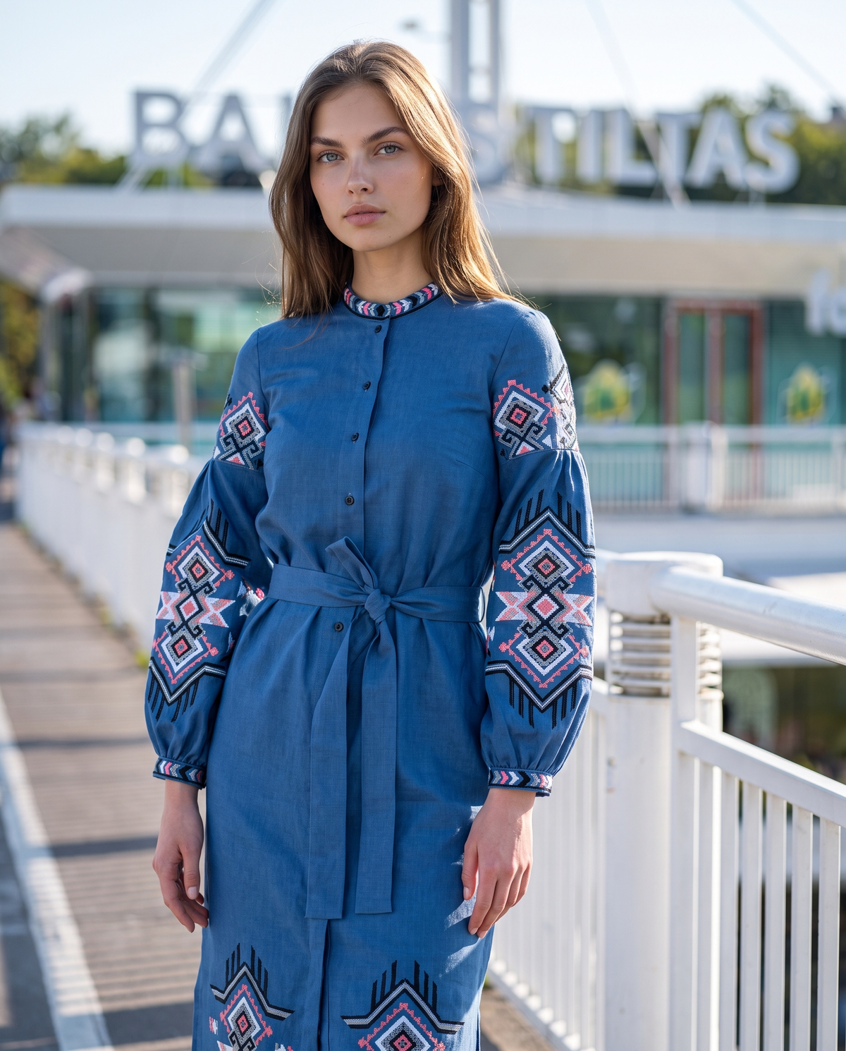Dark blue embroidered linen vyshyvanka dress with geometric Ukrainian ornament, women's long sleeve, photo 2