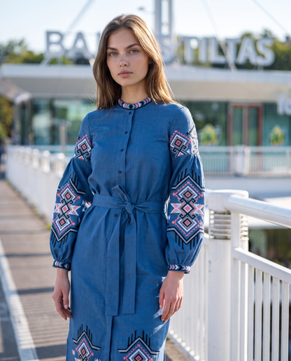 Dark blue embroidered linen vyshyvanka dress with geometric Ukrainian ornament, women's long sleeve, photo 2