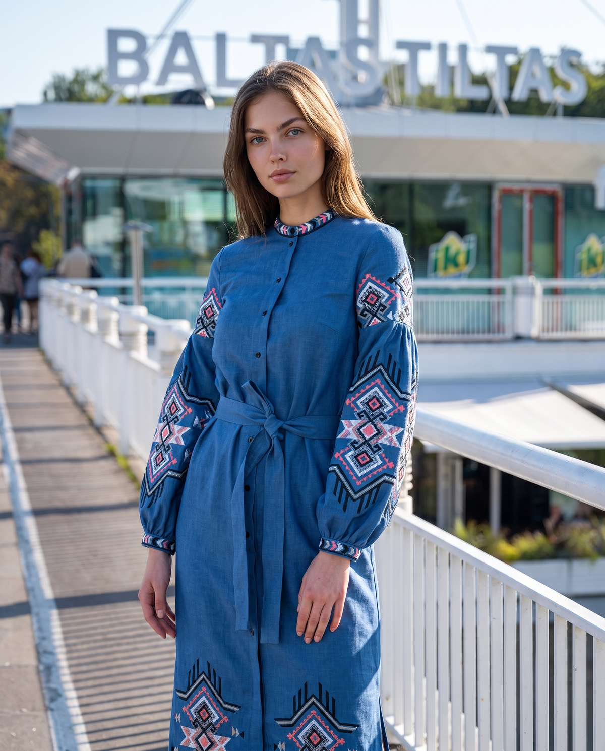 Dark blue embroidered linen vyshyvanka dress with geometric Ukrainian ornament, women's long sleeve, photo 3