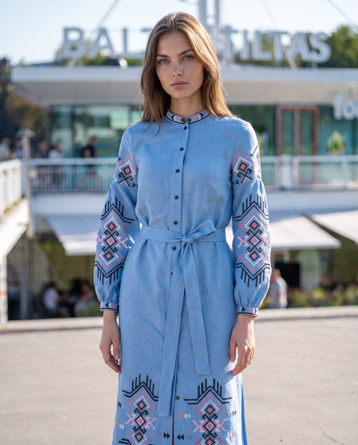 Light blue embroidered vyshyvanka dress with traditional Ukrainian ornament, women's long sleeve, photo 2