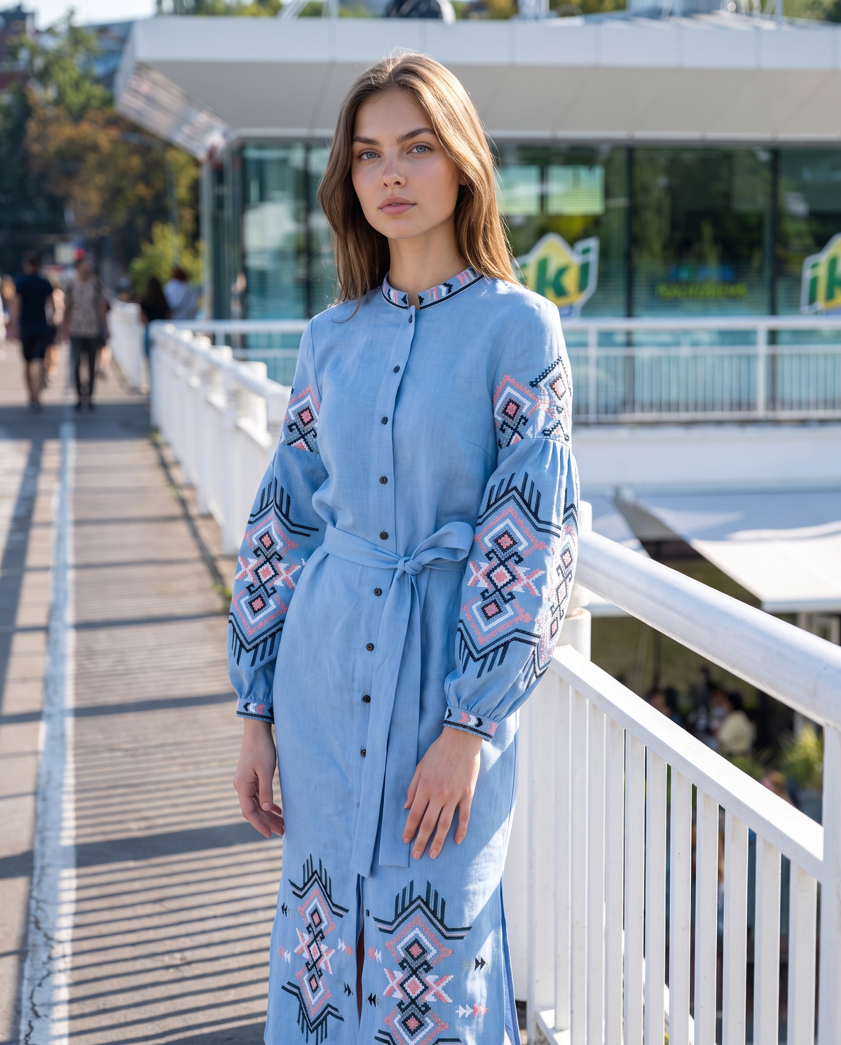 Light blue embroidered vyshyvanka dress with traditional Ukrainian ornament, women's long sleeve, photo 3