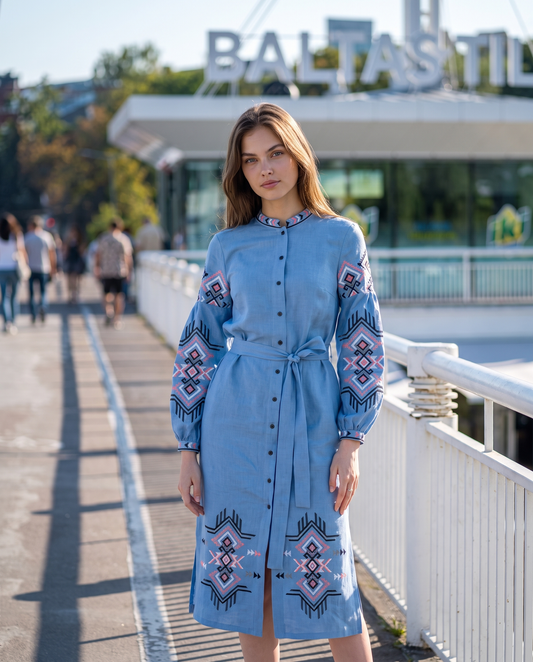 Light blue embroidered vyshyvanka dress with traditional Ukrainian ornament, women's long sleeve