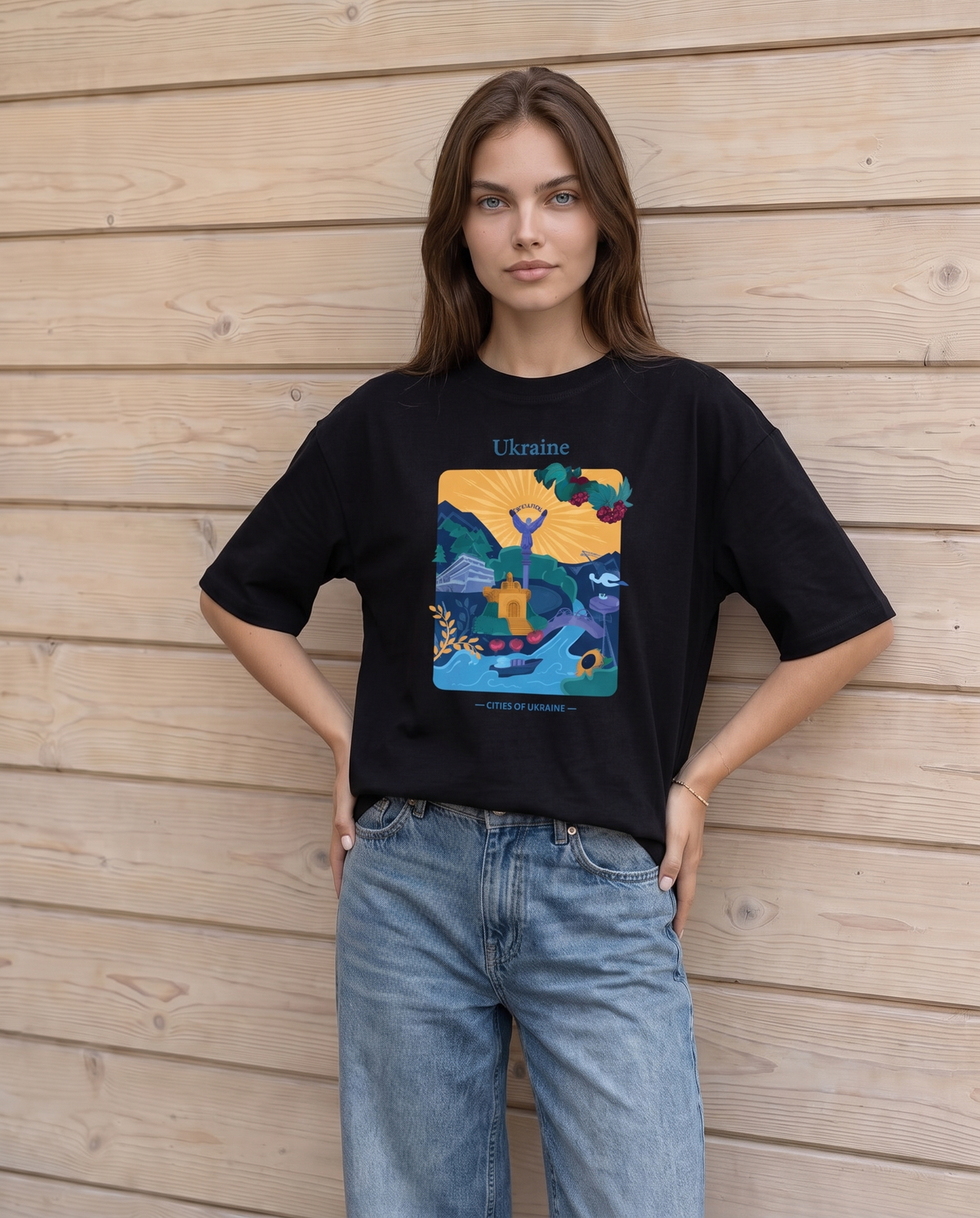 Black and white cotton t-shirt with Ukraine-themed graphic print, photo 2