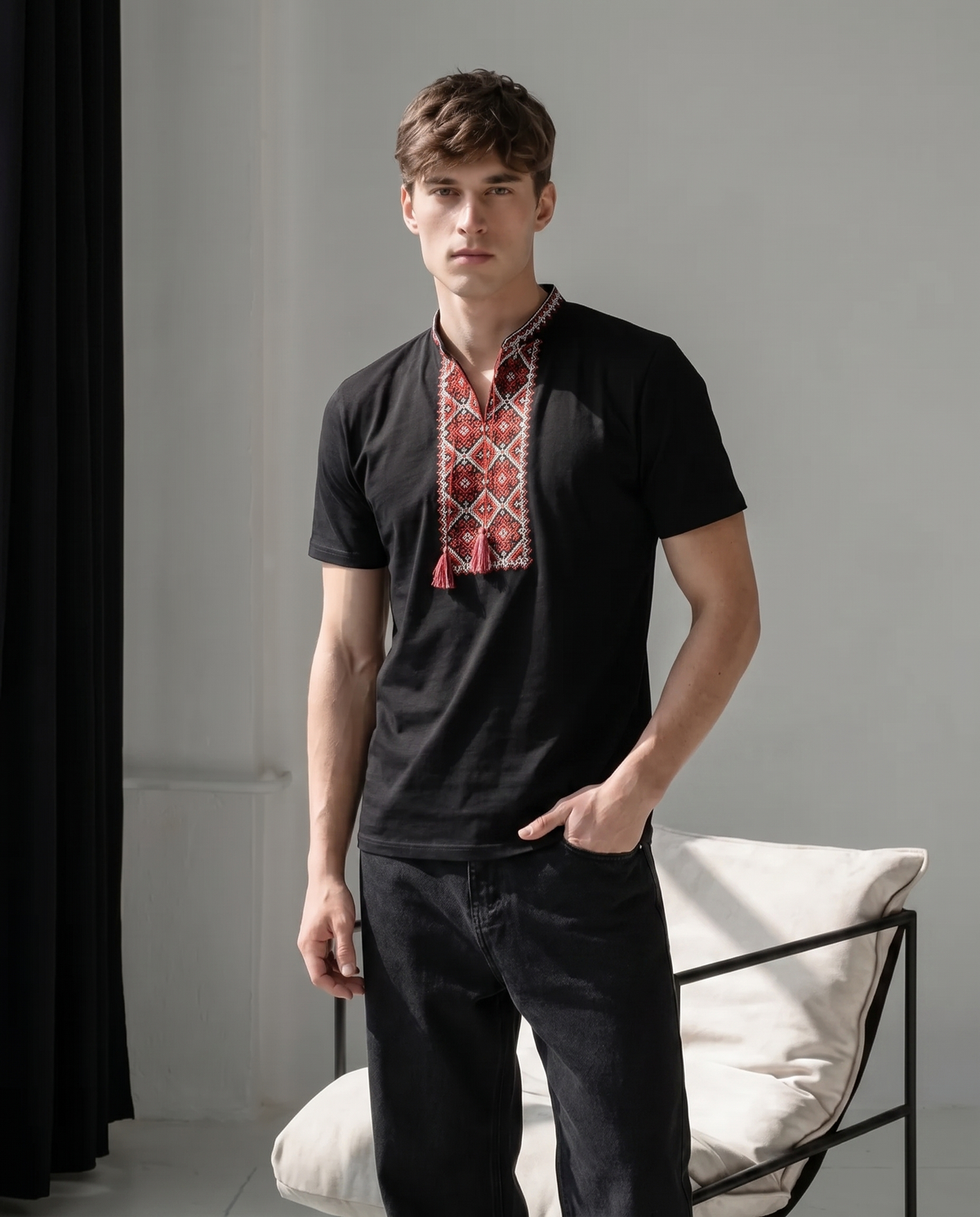 Red embroidered cotton t-shirt with geometric Ukrainian ornament, photo 2