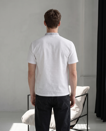 White and gray embroidered cotton t-shirt with geometric Ukrainian ornament, photo 4