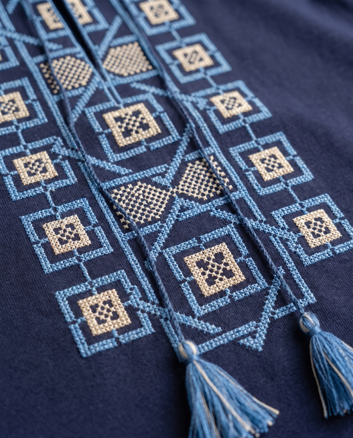 Blue embroidered cotton t-shirt with geometric Ukrainian ornament — men's vyshyvanka-style top, photo 4