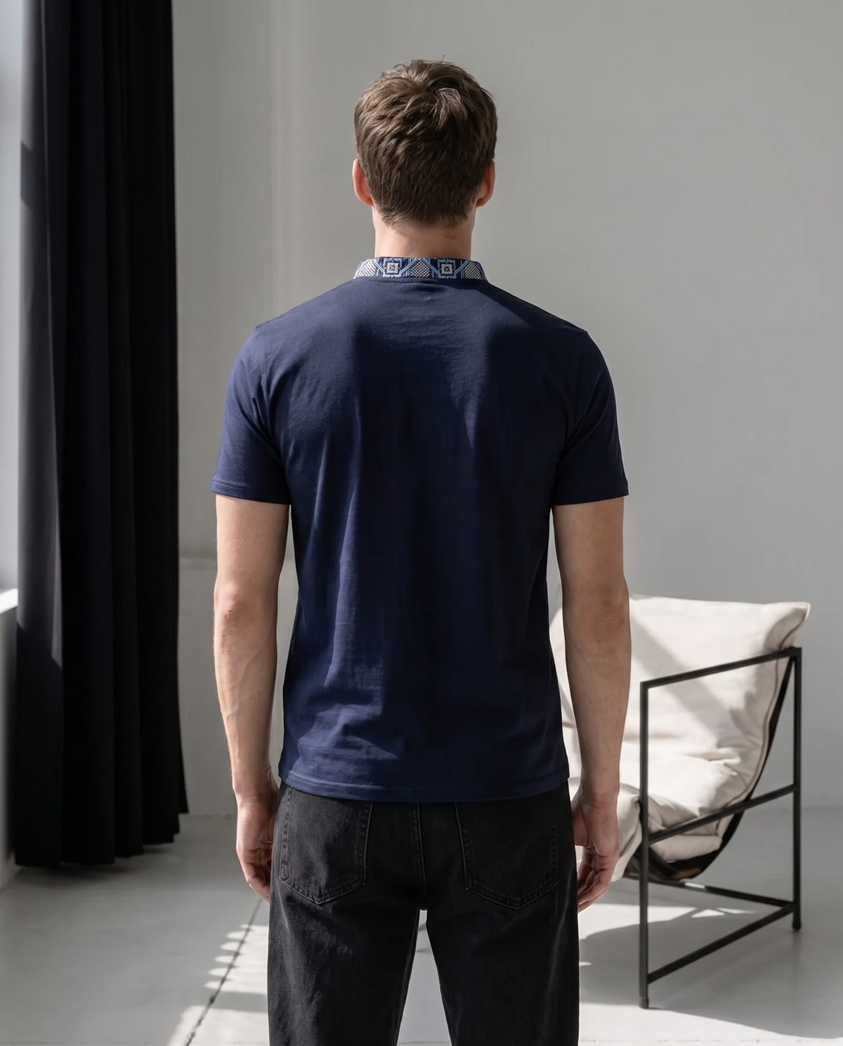 Blue embroidered cotton t-shirt with geometric Ukrainian ornament — men's vyshyvanka-style top, photo 3