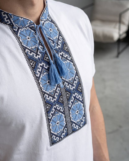 White and blue embroidered cotton t-shirt with geometric Ukrainian ornament — men's vyshyvanka-style top, photo 3