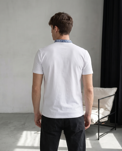White and blue embroidered cotton t-shirt with geometric Ukrainian ornament — men's vyshyvanka-style top, photo 4