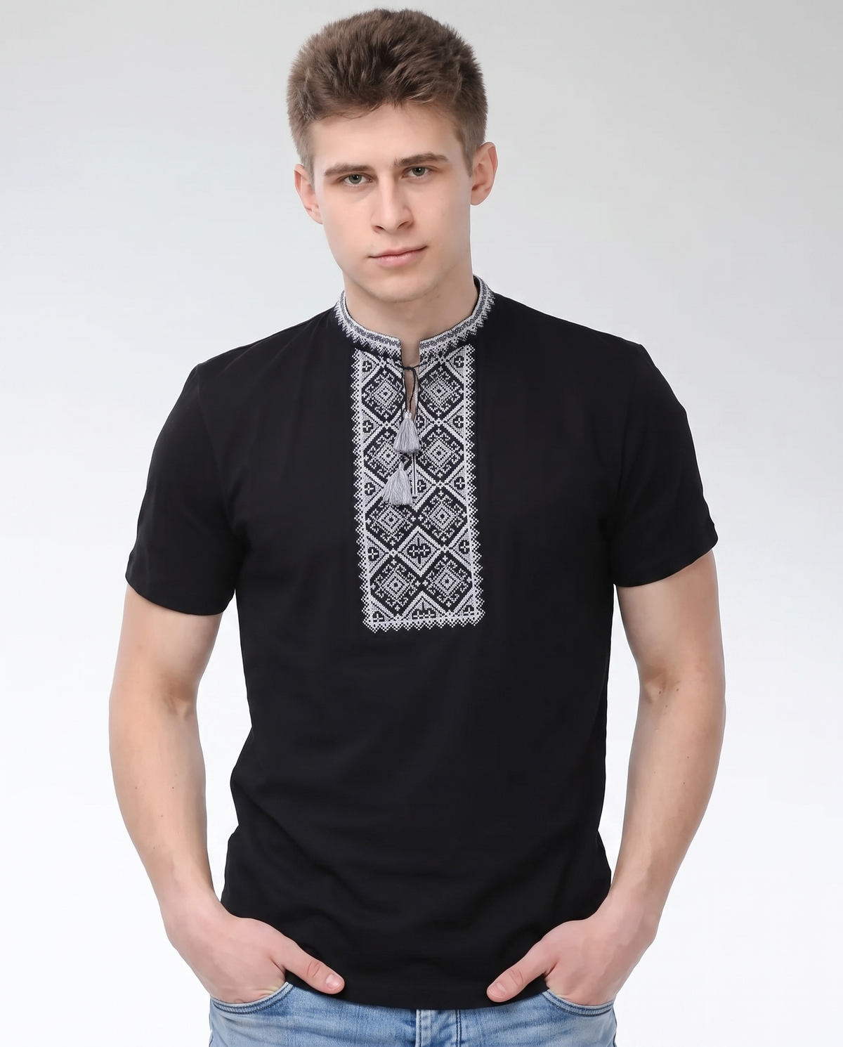 White and gray embroidered cotton t-shirt with geometric Ukrainian ornament