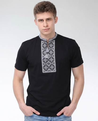 White and gray embroidered cotton t-shirt with geometric Ukrainian ornament