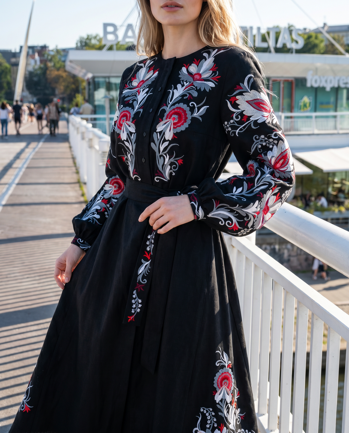 Black embroidered vyshyvanka dress with floral Ukrainian ornament, women's long sleeve, photo 2