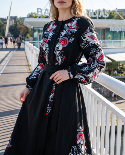 Black embroidered vyshyvanka dress with floral Ukrainian ornament, women's long sleeve, photo 2