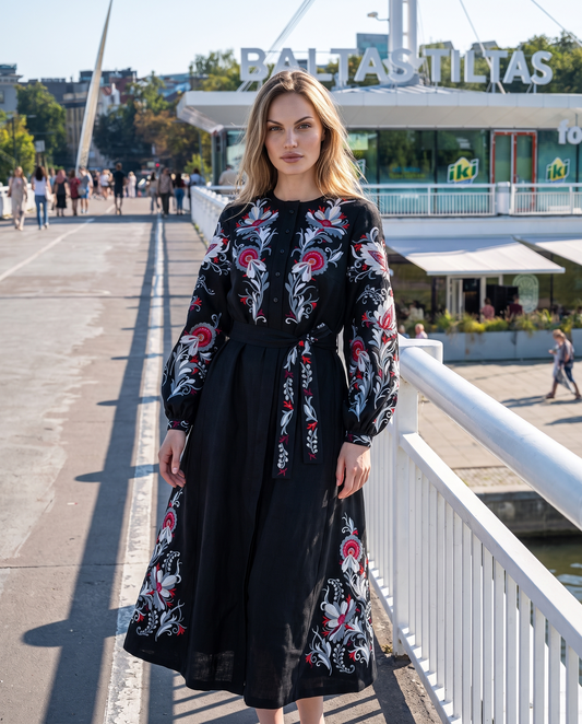 Black embroidered vyshyvanka dress with floral Ukrainian ornament, women's long sleeve