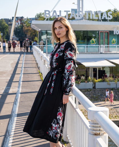Black embroidered vyshyvanka dress with floral Ukrainian ornament, women's long sleeve, photo 3