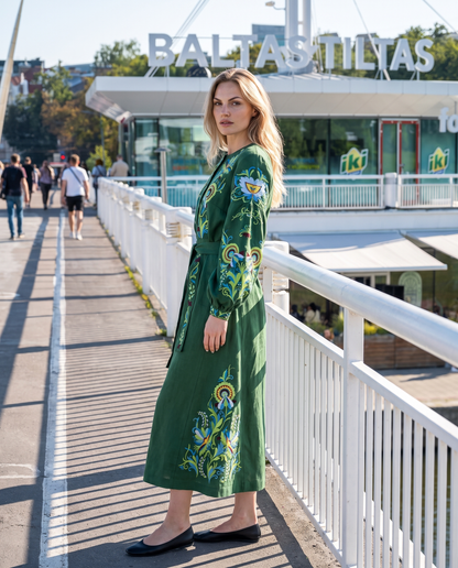 Green embroidered vyshyvanka dress with floral Ukrainian ornament, women's long sleeve, photo 2