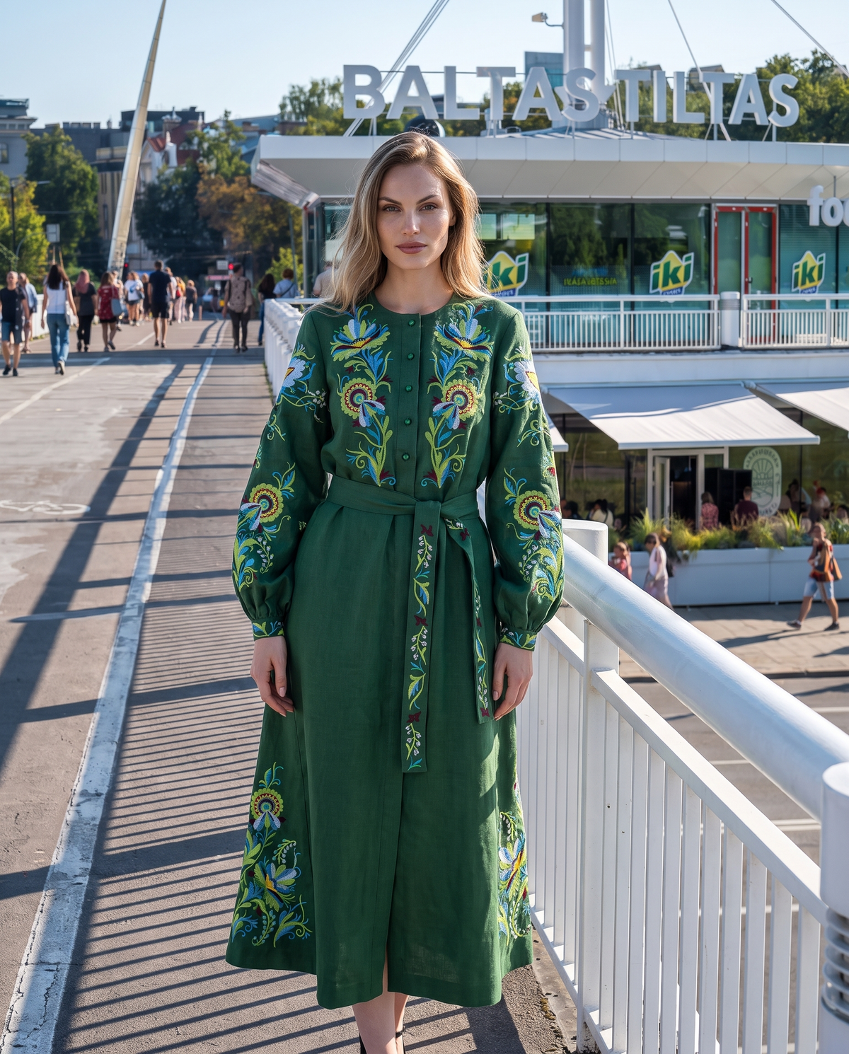 Green embroidered vyshyvanka dress with floral Ukrainian ornament, women's long sleeve