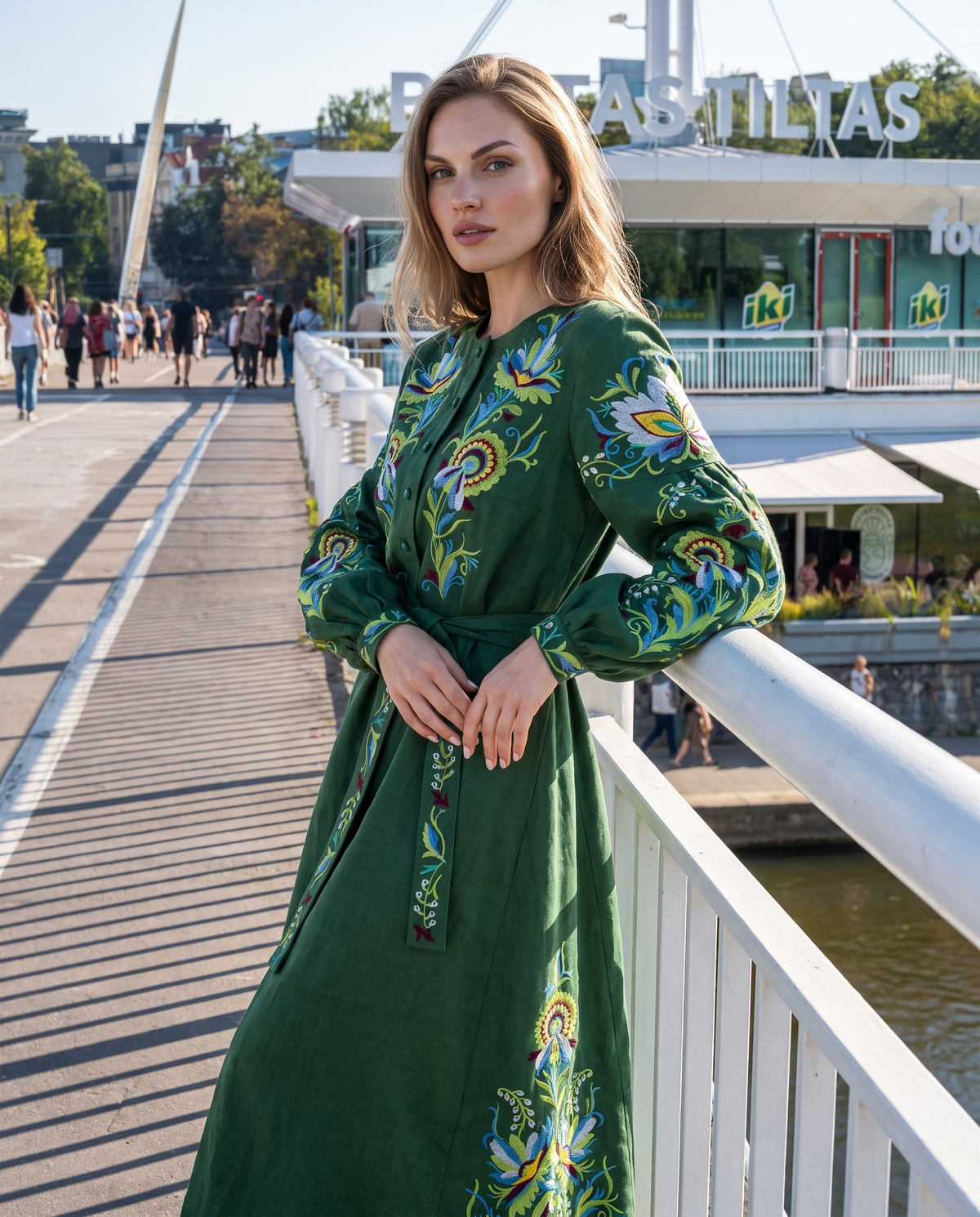 Green embroidered vyshyvanka dress with floral Ukrainian ornament, women's long sleeve, photo 3