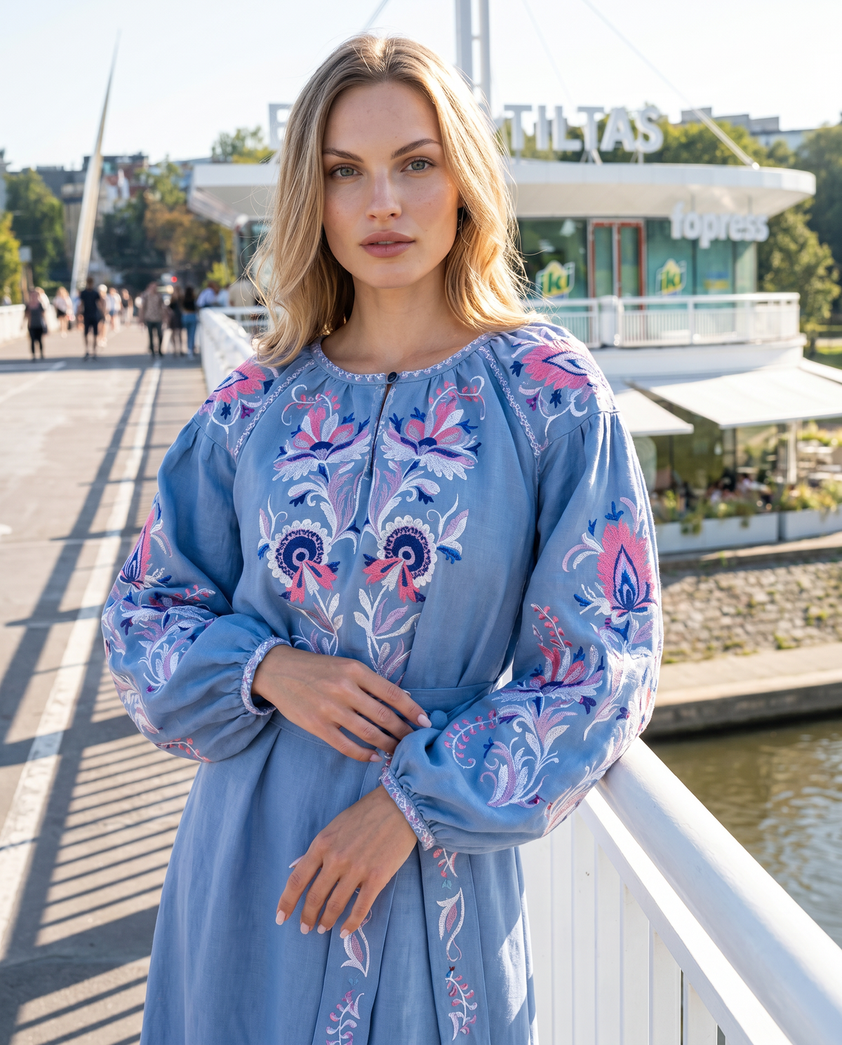 Blue linen vyshyvanka dress with floral Ukrainian embroidery, women's long sleeve, photo 2
