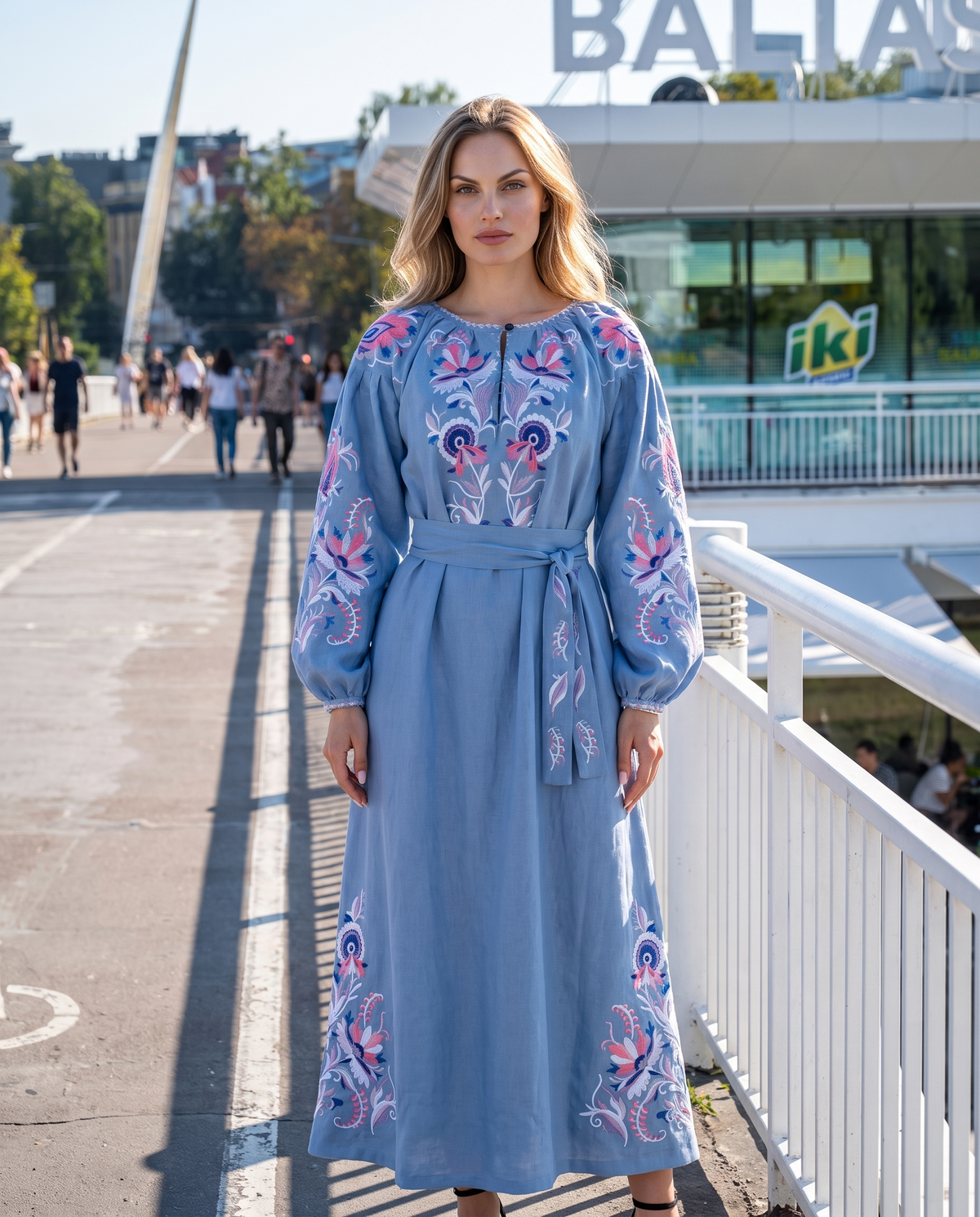 Blue linen vyshyvanka dress with floral Ukrainian embroidery, women's long sleeve, photo 3