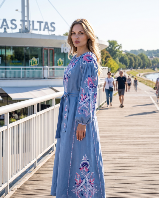 Blue linen vyshyvanka dress with floral Ukrainian embroidery, women's long sleeve
