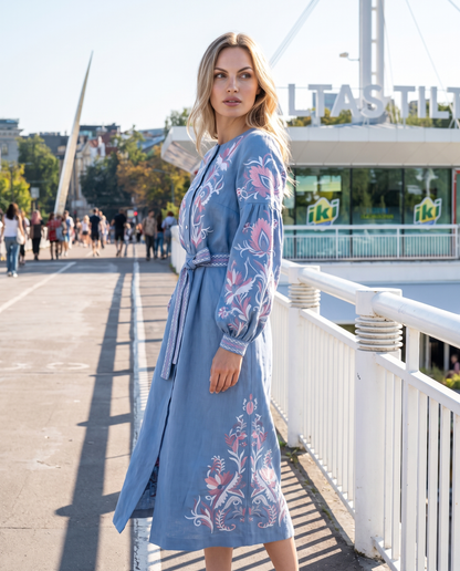 Blue embroidered vyshyvanka dress with floral Ukrainian ornament, women's long sleeve, photo 2