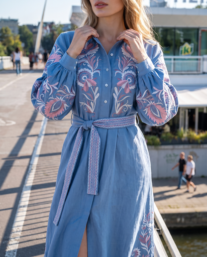 Blue embroidered vyshyvanka dress with floral Ukrainian ornament, women's long sleeve, photo 3
