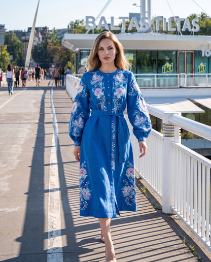 Dark blue embroidered vyshyvanka dress with floral Ukrainian ornament, women's long sleeve, photo 2