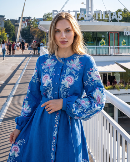 Dark blue embroidered vyshyvanka dress with floral Ukrainian ornament, women's long sleeve, photo 3