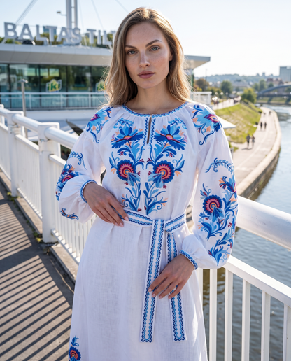 White linen vyshyvanka dress with floral Ukrainian embroidery, women's long sleeve, photo 2